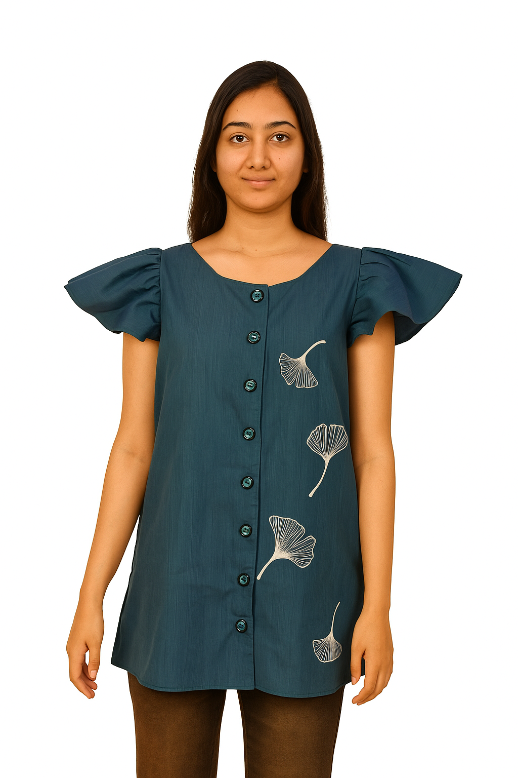 Deep Teal Blue Pochampally Cotton Top with Handpainted Design